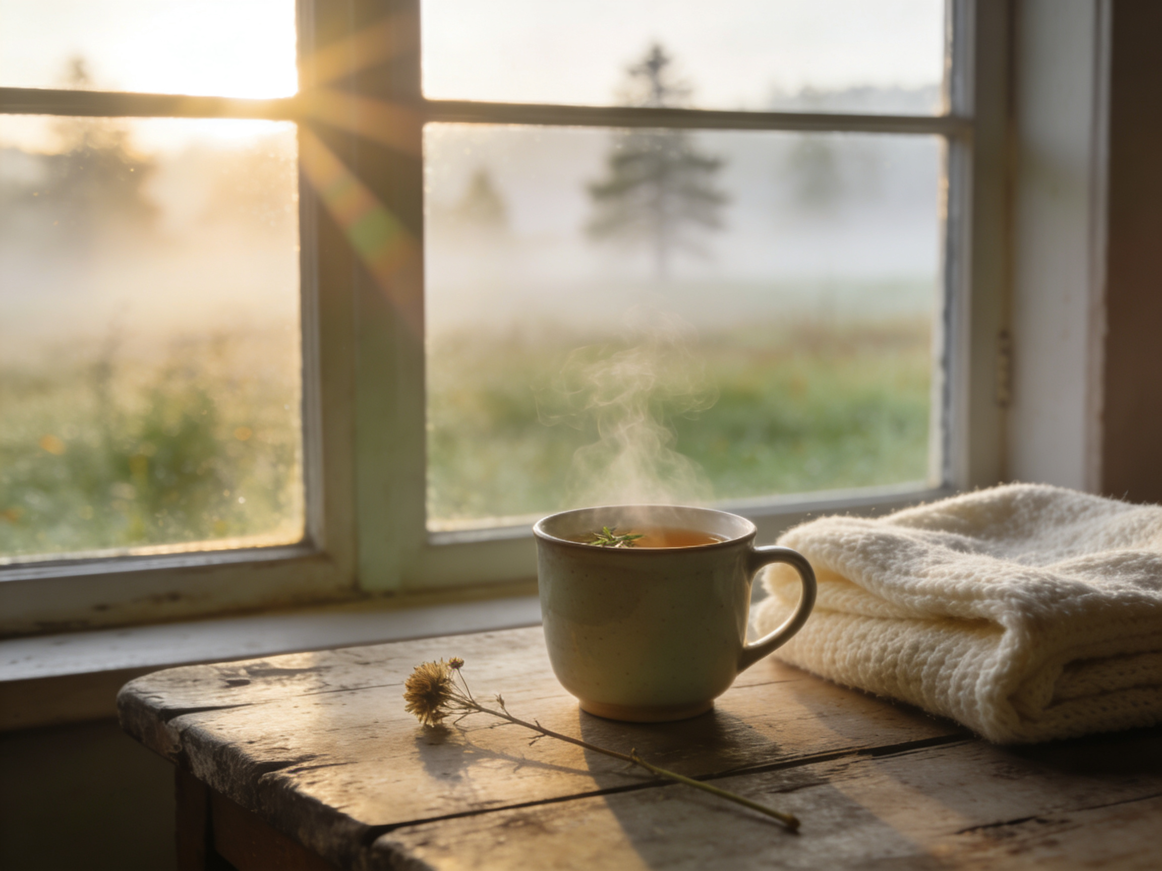 Dampfende Teetasse am Fenster im Morgenlicht — Symbol für Pause und Erholung bei Burnout