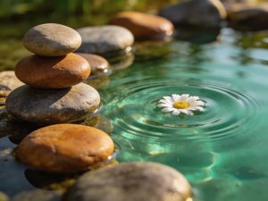 Gestapelte Zen-Steine im klaren Wasser mit einer Kamillenblüte