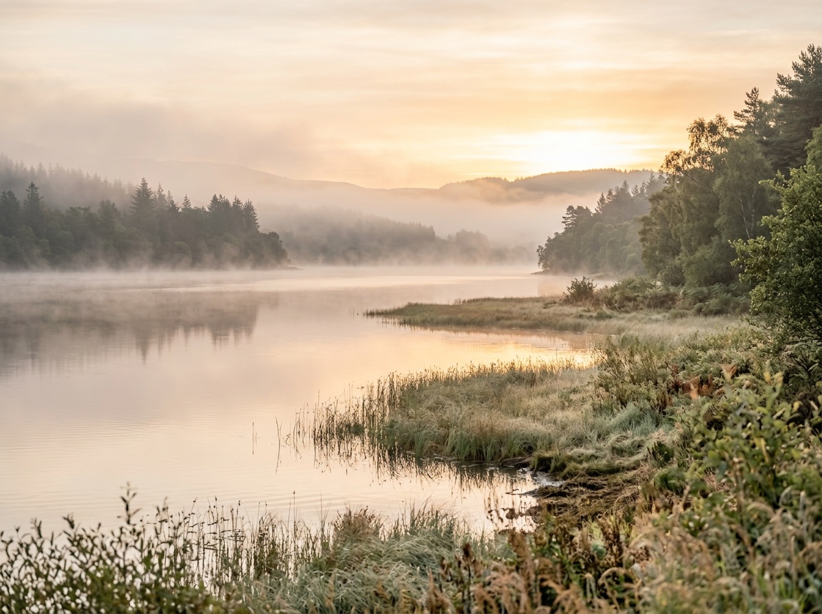 Stiller See im Morgennebel und Sonnenaufgang — Symbol für innere Ruhe