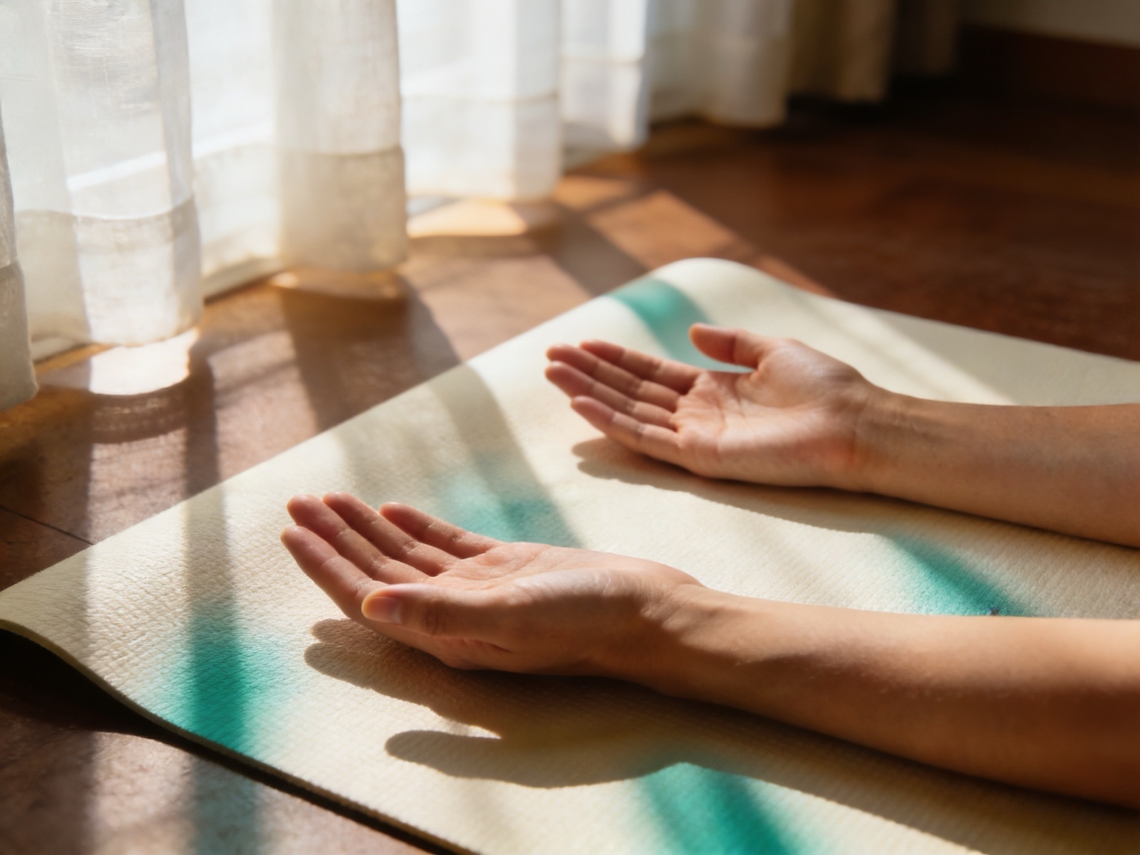 Entspannte Hände auf einer cremefarbenen Yoga-Matte, weiches Morgenlicht — Progressive Muskelentspannung