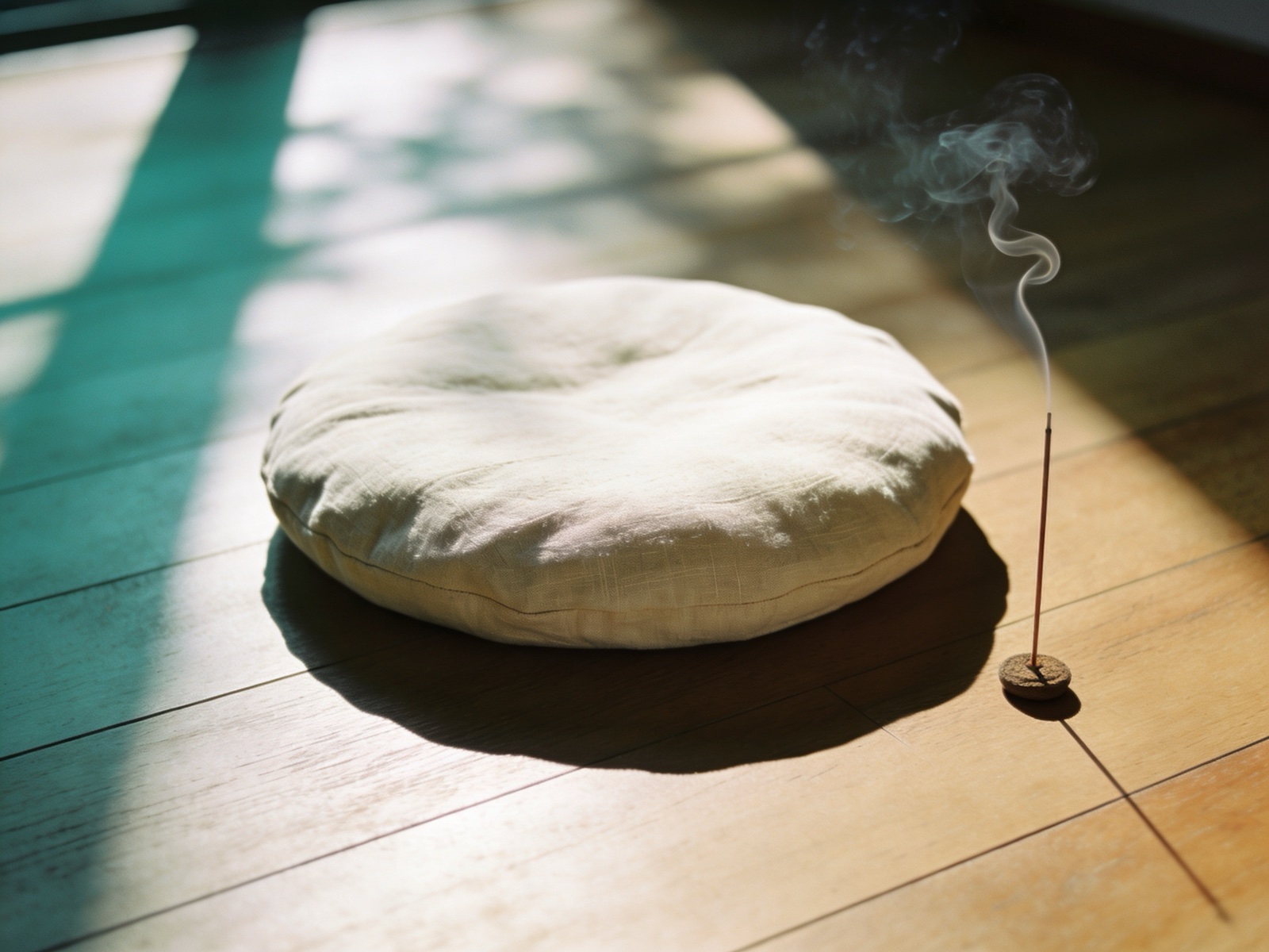 Meditations-Kissen mit Räucherstäbchen im Morgenlicht — stille Meditation
