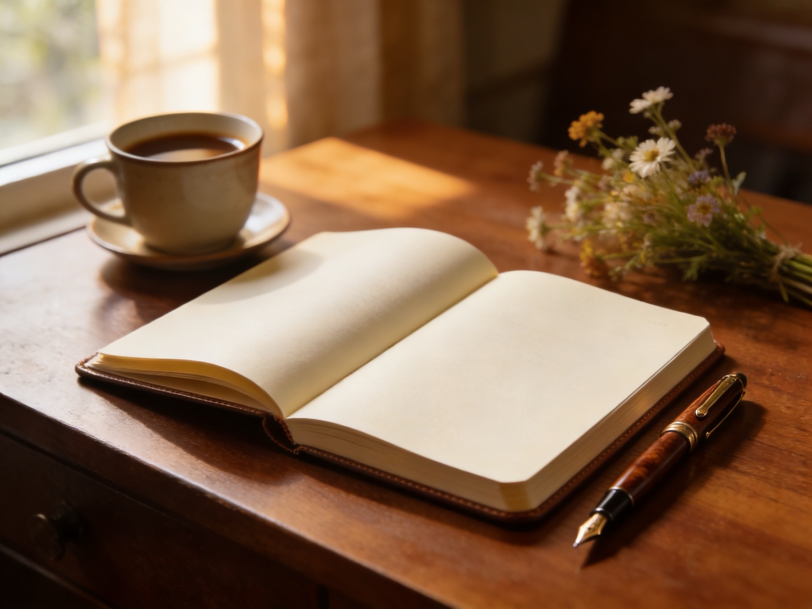 Offenes Journal mit Füller, Kaffee und Wildblumen im warmen Licht — Journaling