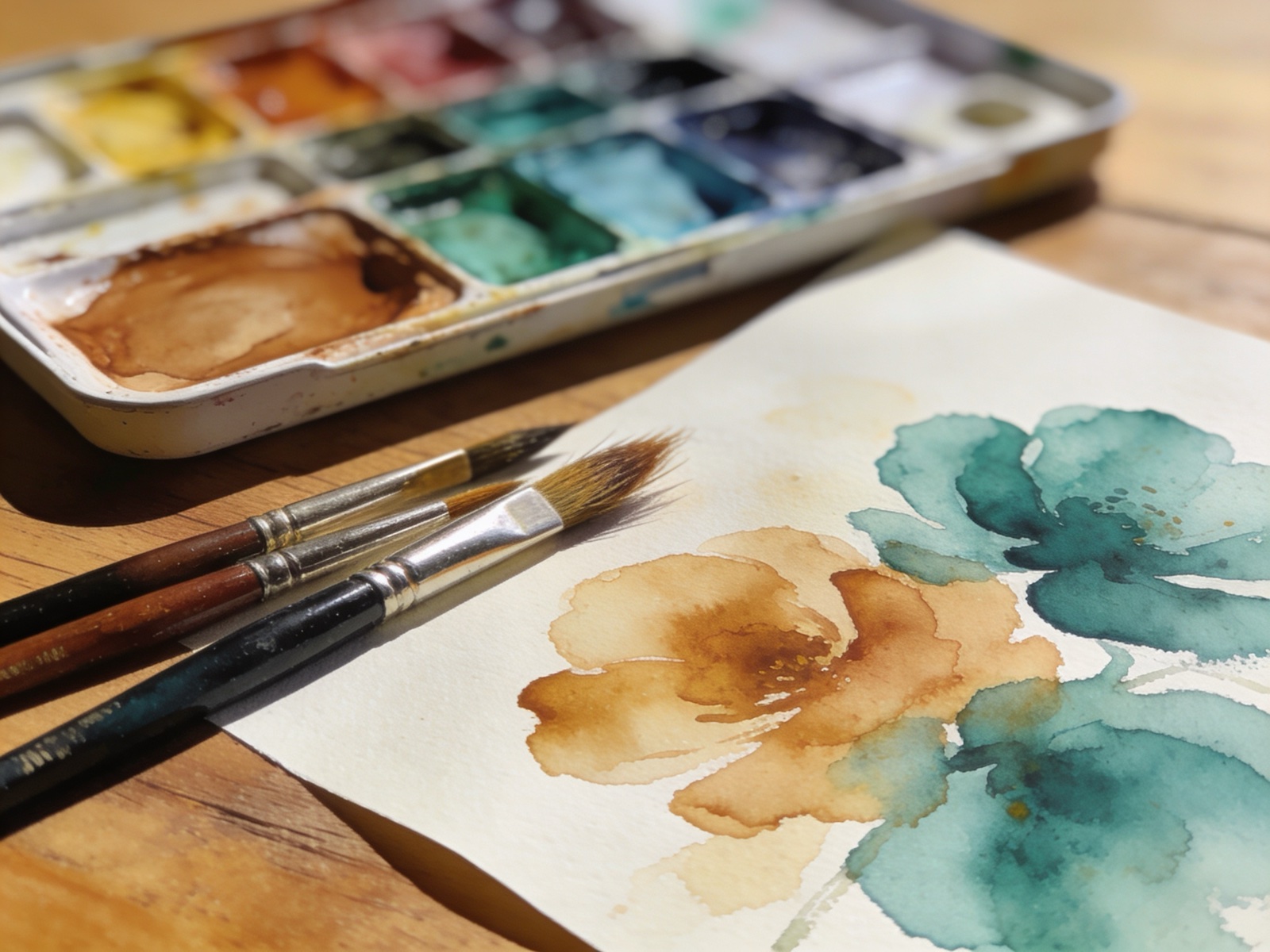 Aquarellpalette mit Pinseln und abstrakten Farbklecksen auf Papier — Kreativtechniken