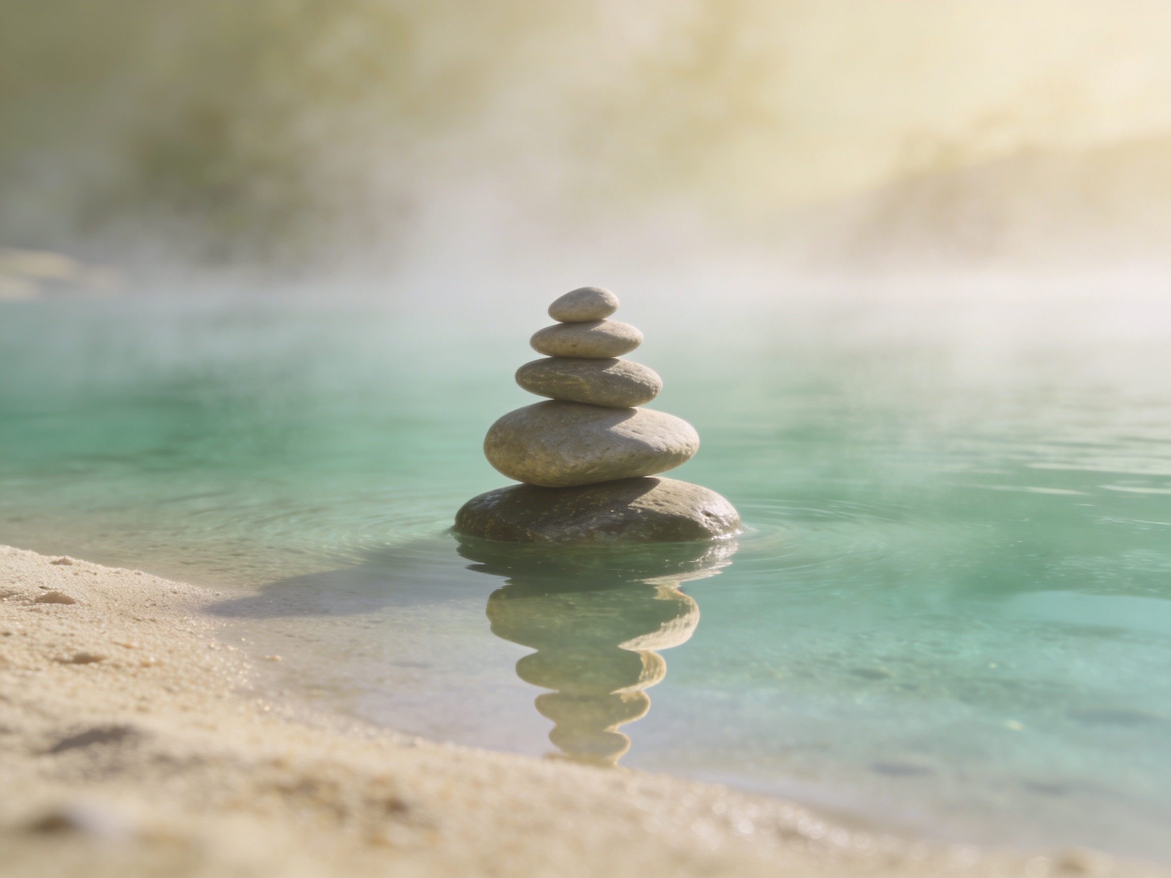 Balancierte Zen-Steine auf ruhigem Wasser — Symbol für innere Balance und Ruhe
